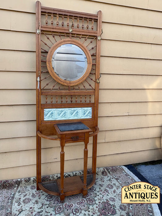 67781 Victorian Oak Hall Tree with Mirror and Marble Top Stand