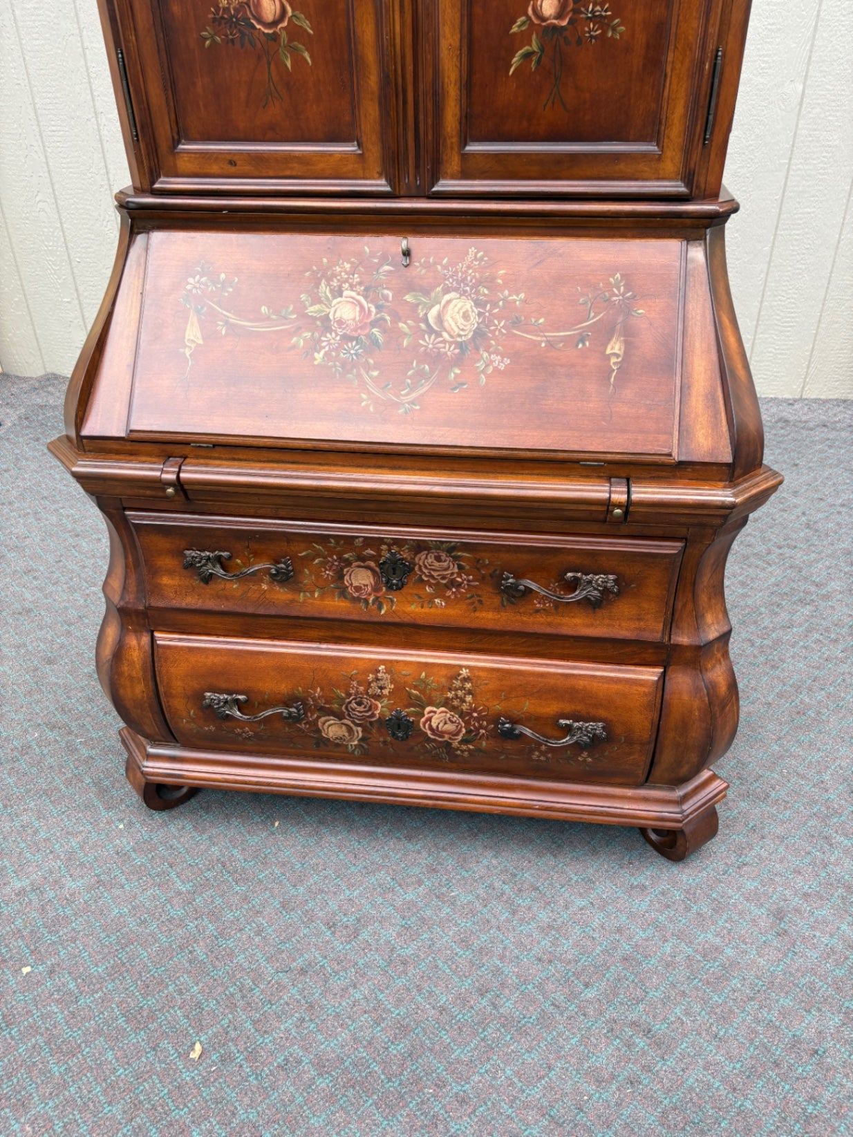 Ethan Allen Hand-Painted Secretary Desk with Hutch, Floral Motif