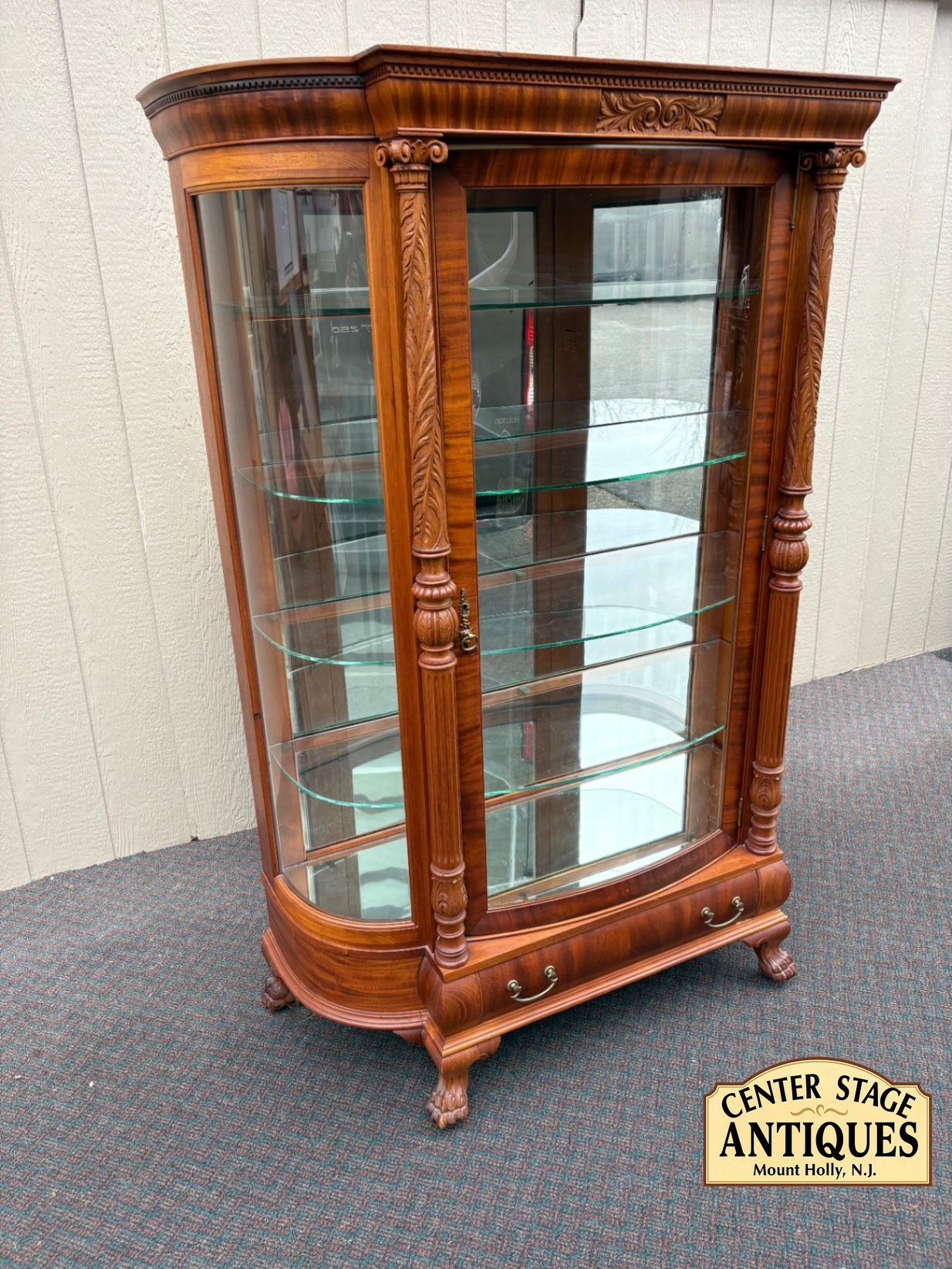 67624 Victorian Mahogany Bow Front Glass China Cabinet with Claw Feet