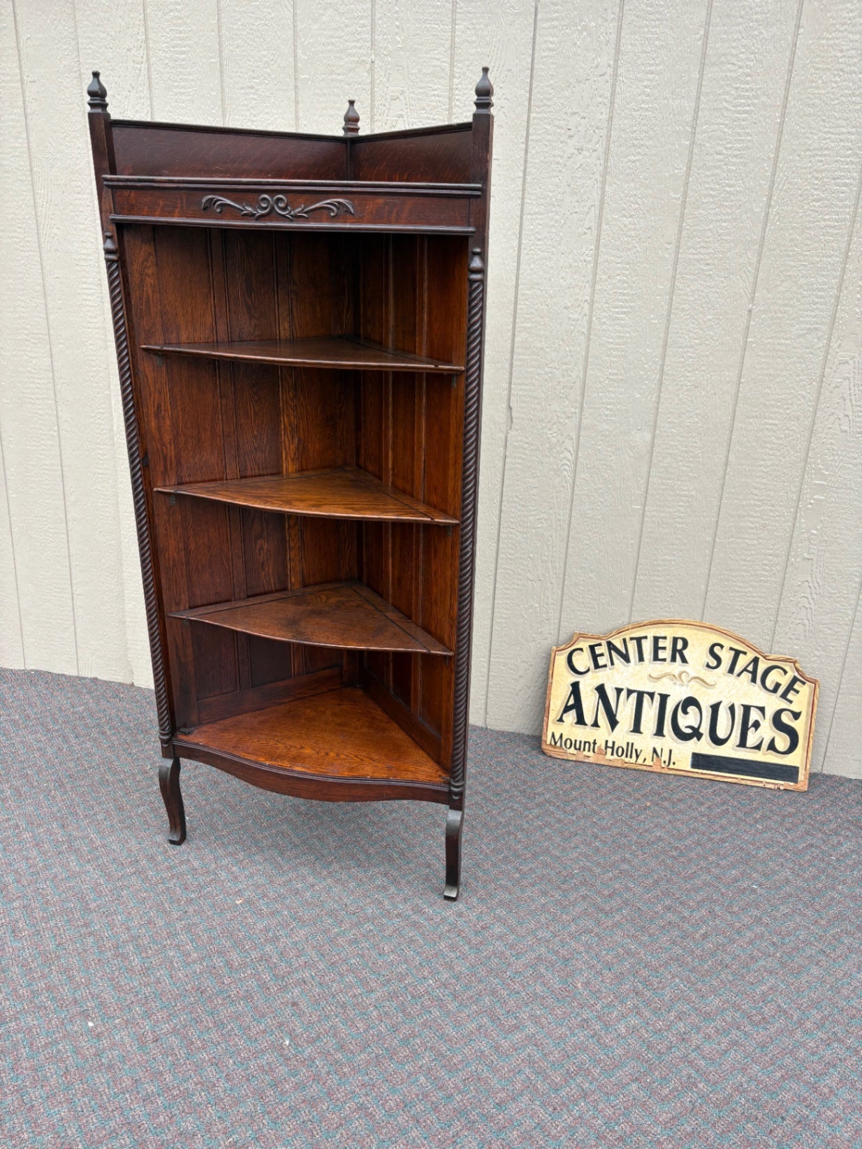 67661 Victorian Oak Corner Curio Cabinet  with Carved Details and Turned Finials