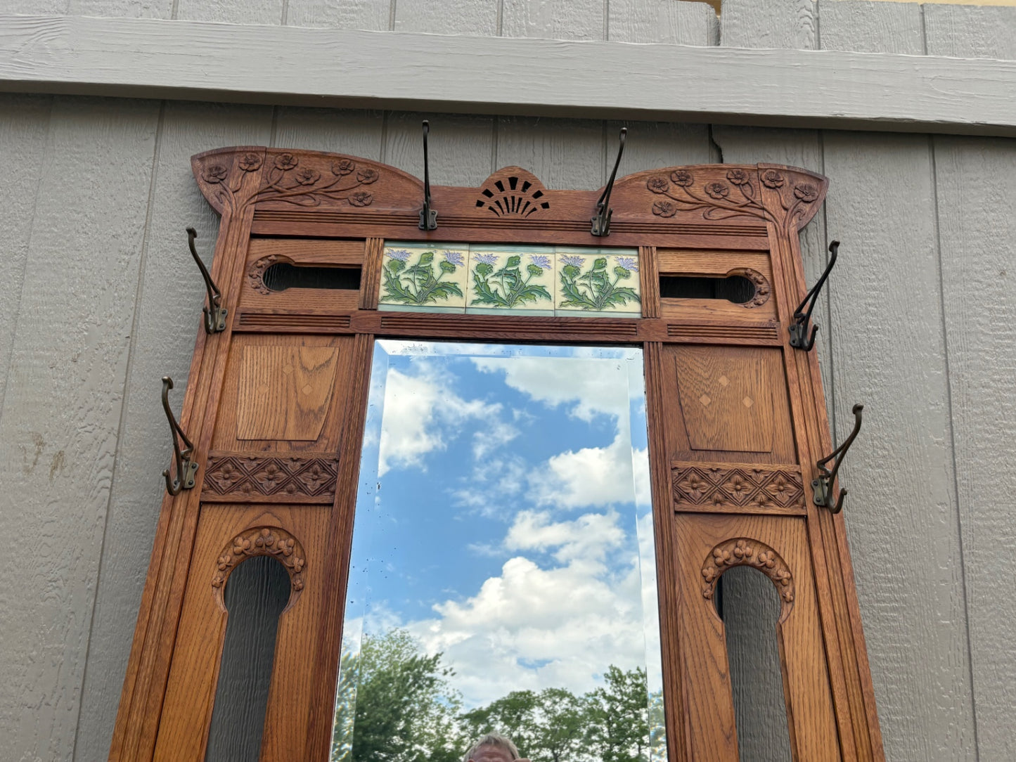 67899 Victorian Oak Hall Tree with Mirror and Ceramic Tile Inlays