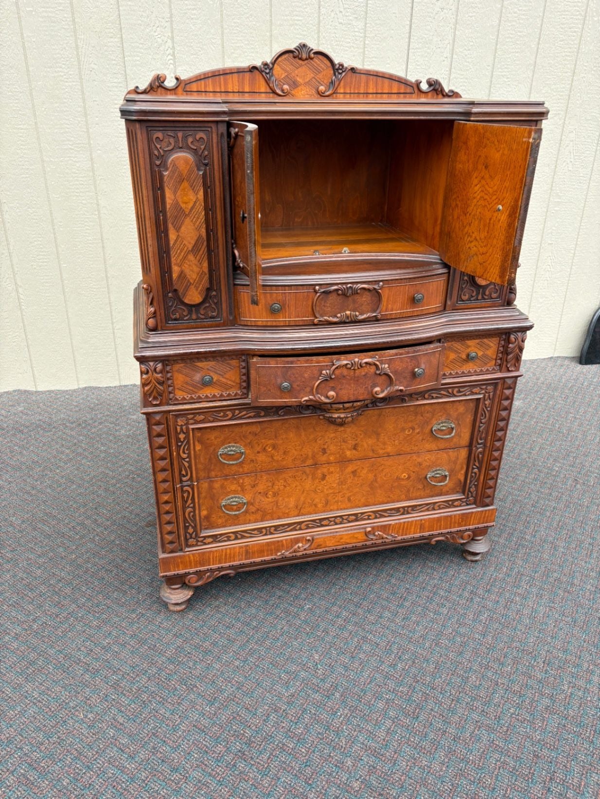 67535 Antique Walnut High Chest with Intricate Carvings and Secret Compartment