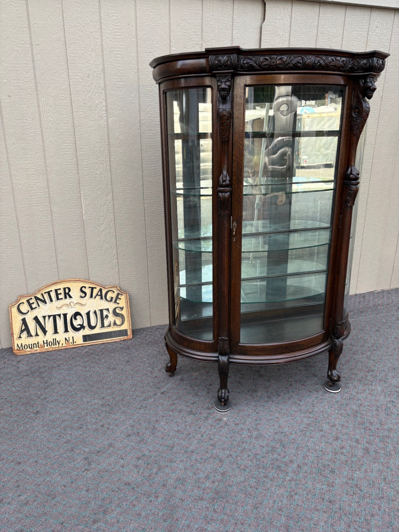 67971 Antique Curved Glass Oak China Cabinet with Lion Carvings