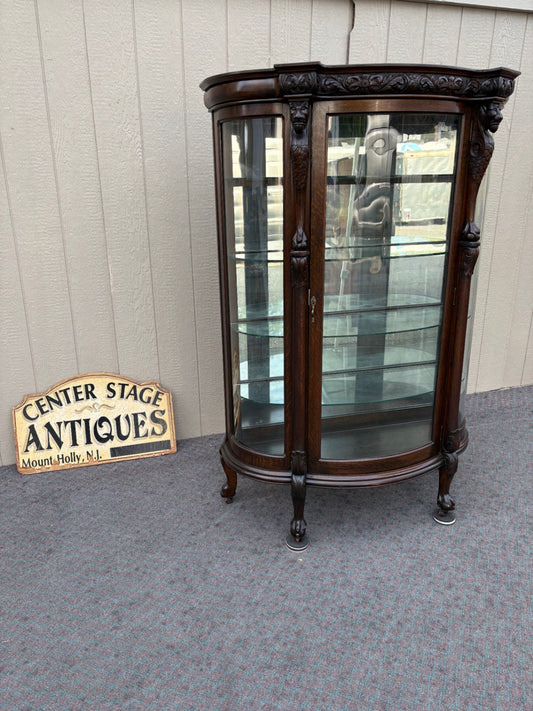 67971 Antique Curved Glass Oak China Cabinet with Lion Carvings