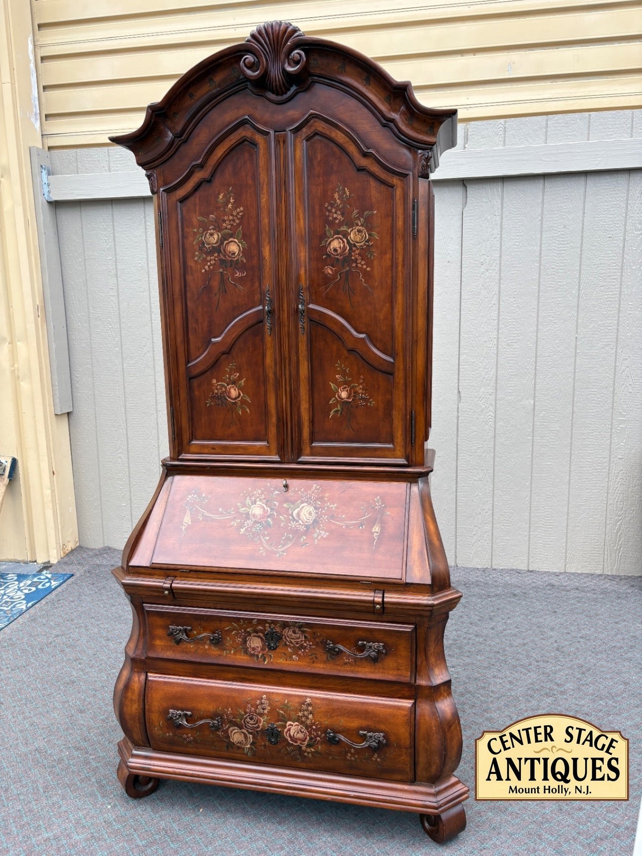 Ethan Allen Hand-Painted Secretary Desk with Hutch, Floral Motif