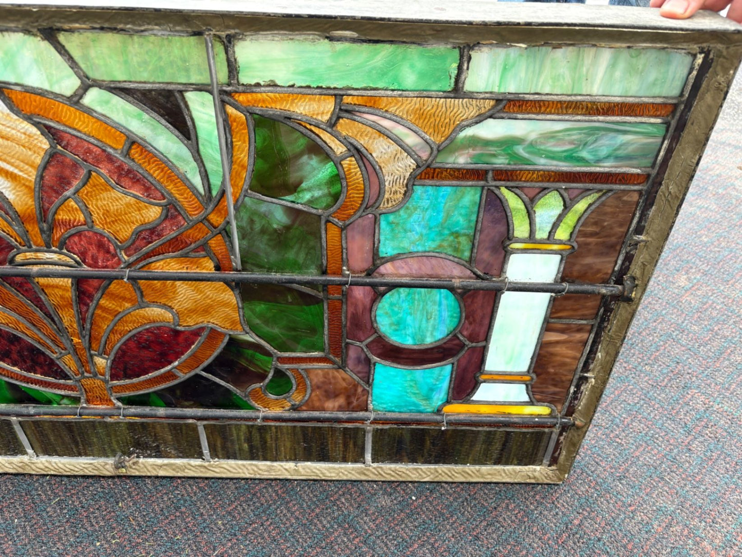67487 Antique Art Nouveau Stained Glass Window with Floral Motif