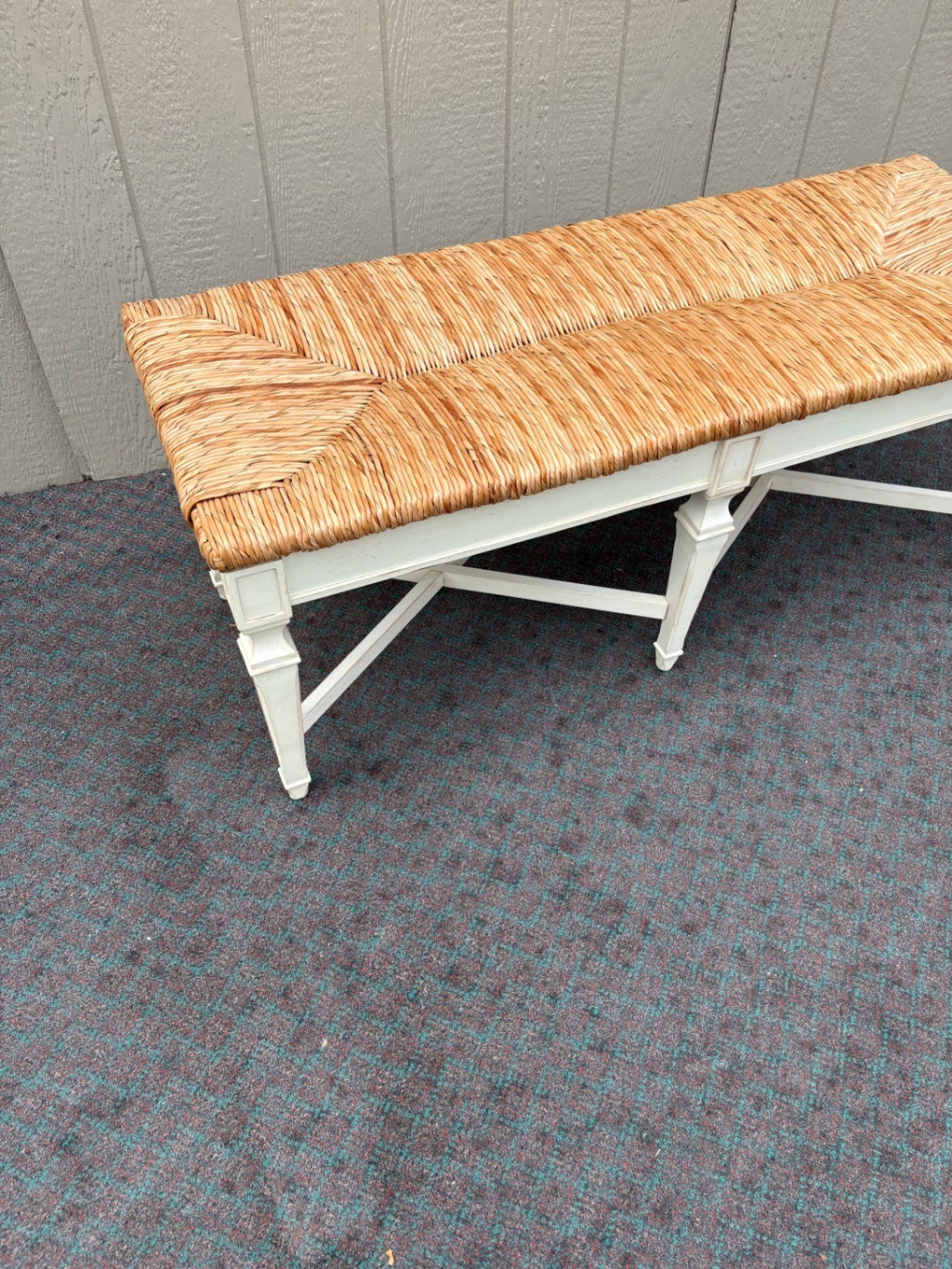 68074 Rustic French Country Rush Seat Bench with Painted Wood Frame
