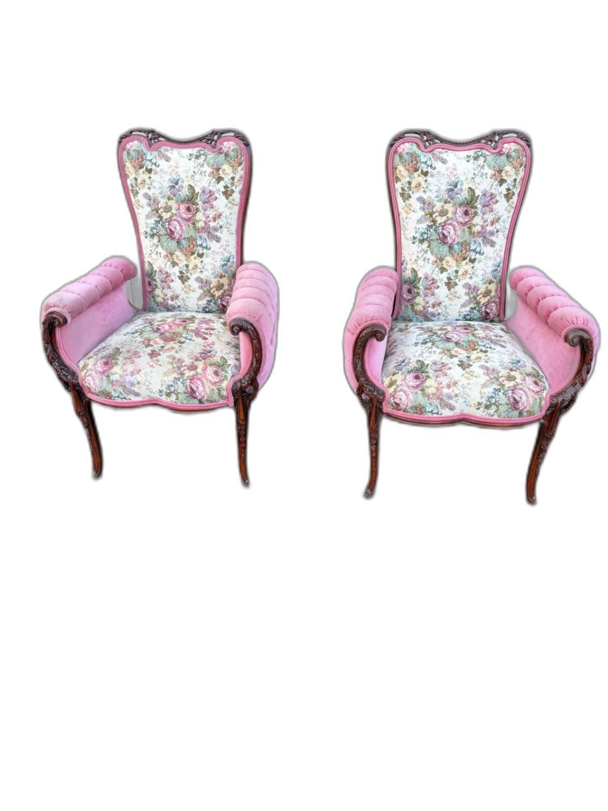 67494  Pair of Decorator Revival Armchairs with Floral Upholstery Seat 20"H