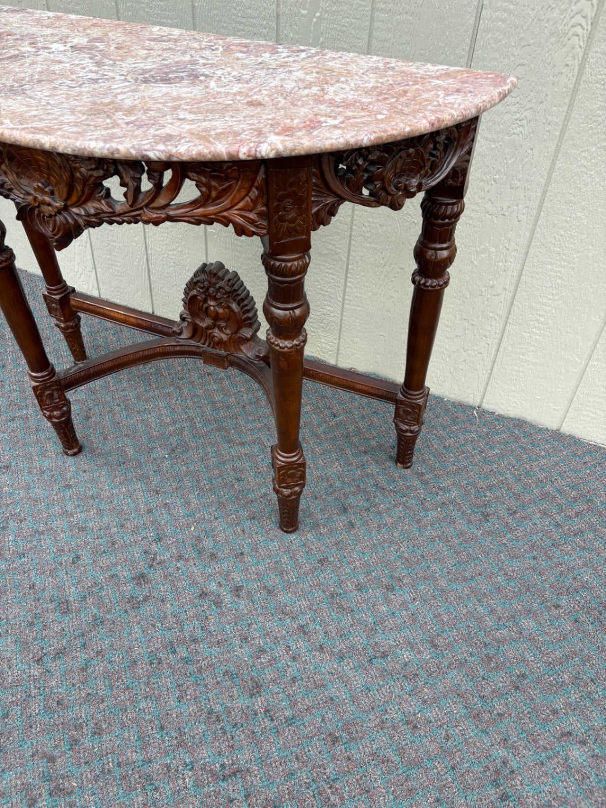 67674 Victorian Marble Top Demilune Console Table with Carved Mahogany