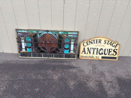 67487 Antique Art Nouveau Stained Glass Window with Floral Motif