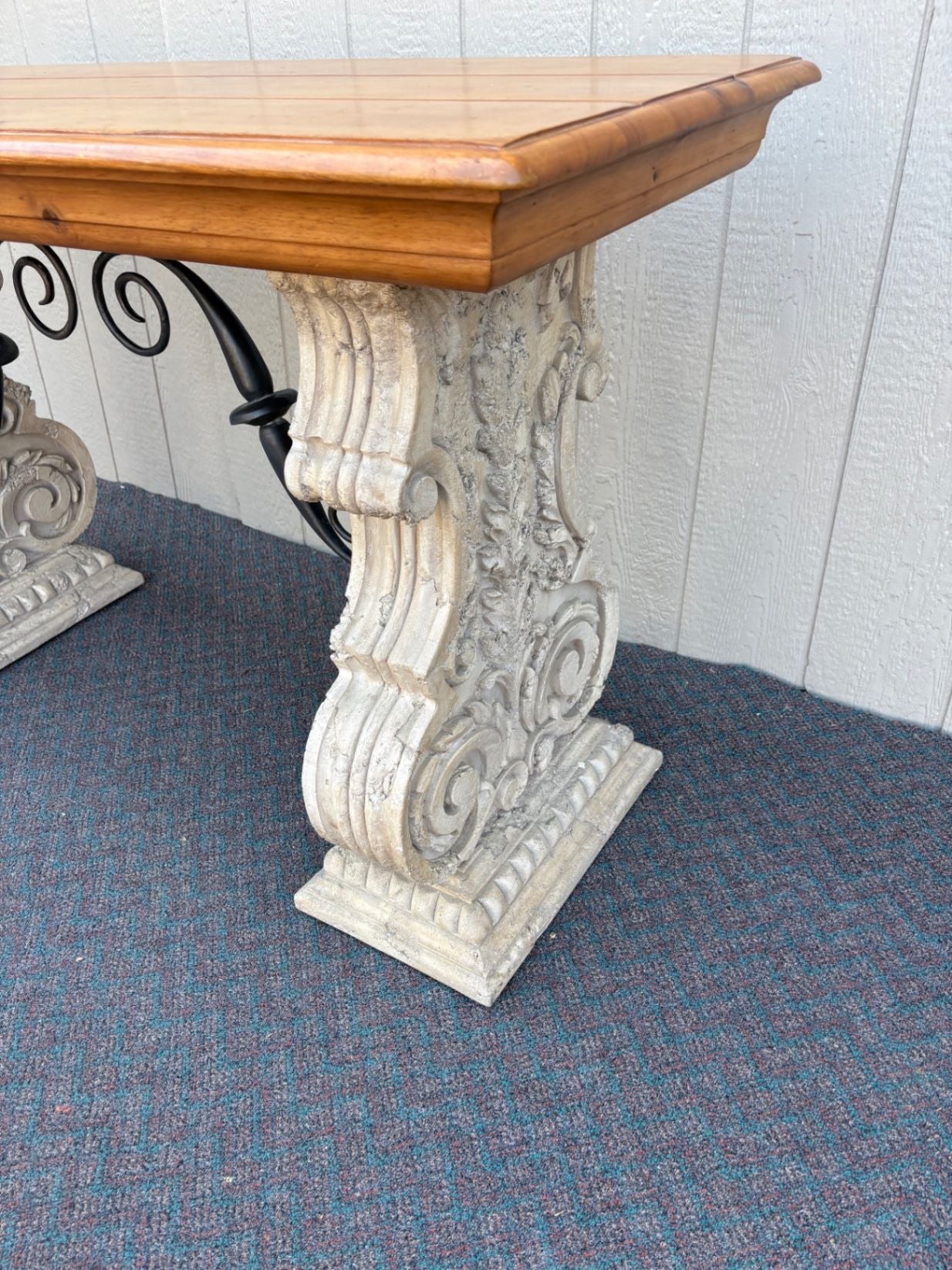 67646  Rustic Console Table with Carved Stone Base and Iron Accents