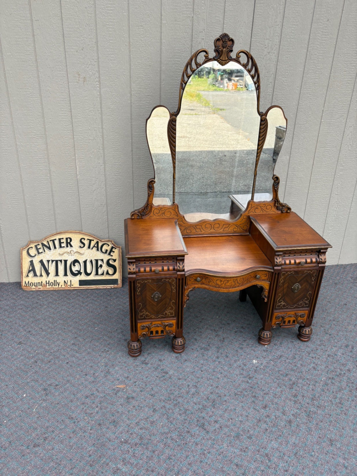 67896 Art Deco Vanity with Mirror, Intricate Carvings, Walnut Finish