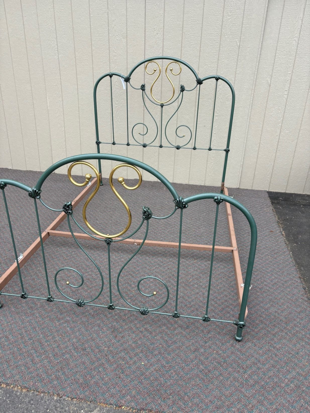 67398  Vintage Brass and Green Metal Full Size Bed Frame