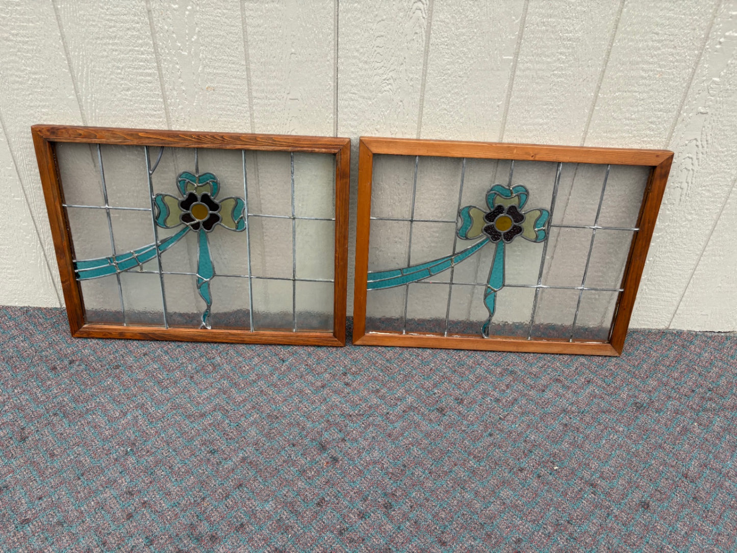 67906 PAIR  of Vintage Stained Glass Windows with Floral Design