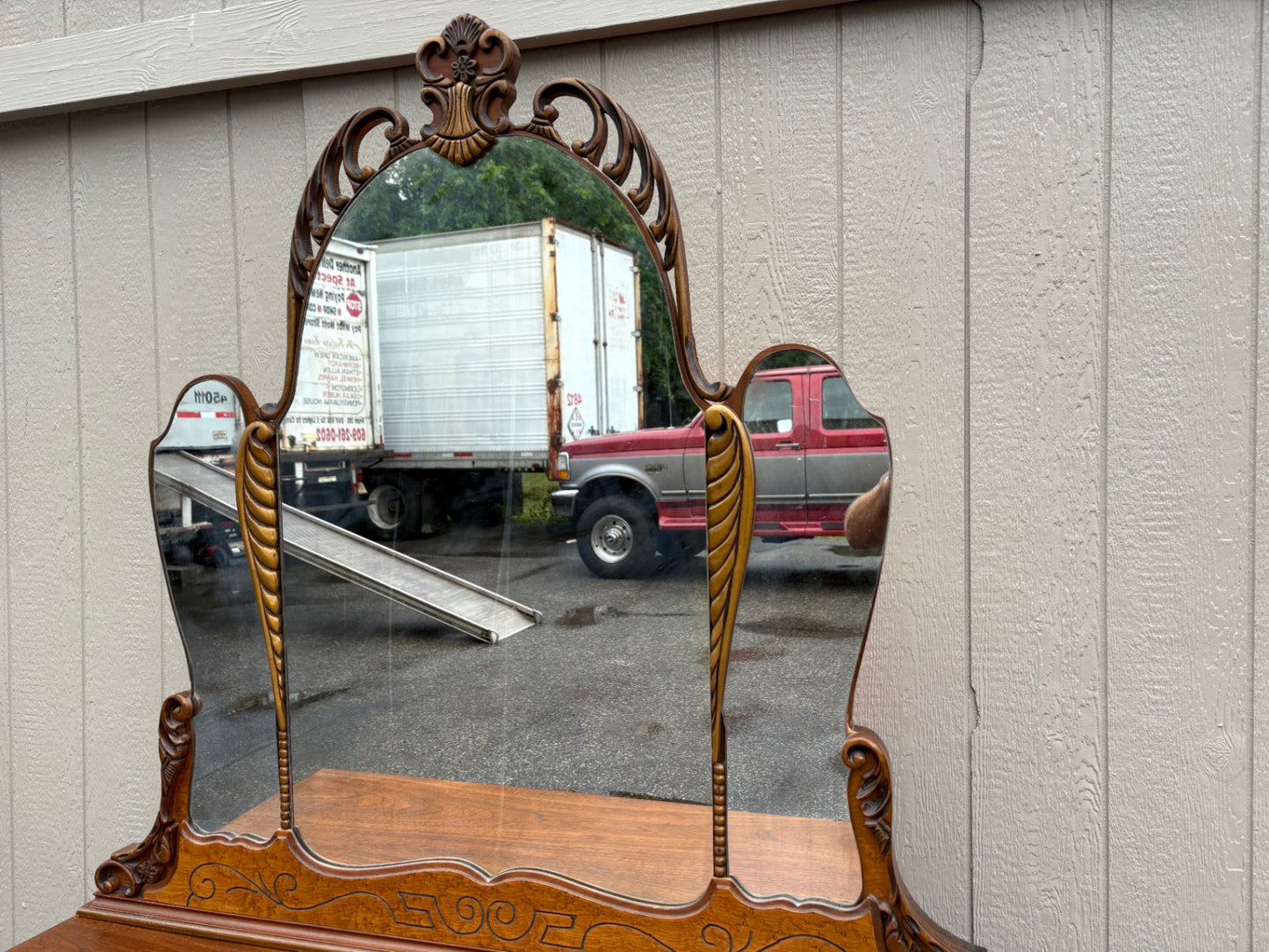 67897  Art Deco Dresser with Ornate Mirror and Intricate Carvings