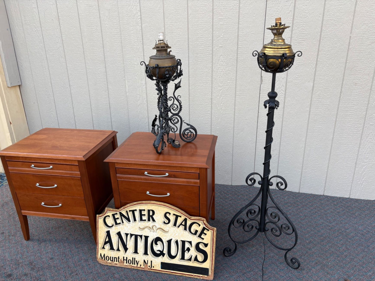 67400  Antique Victorian Wrought Iron Floor Lamp with Brass Font