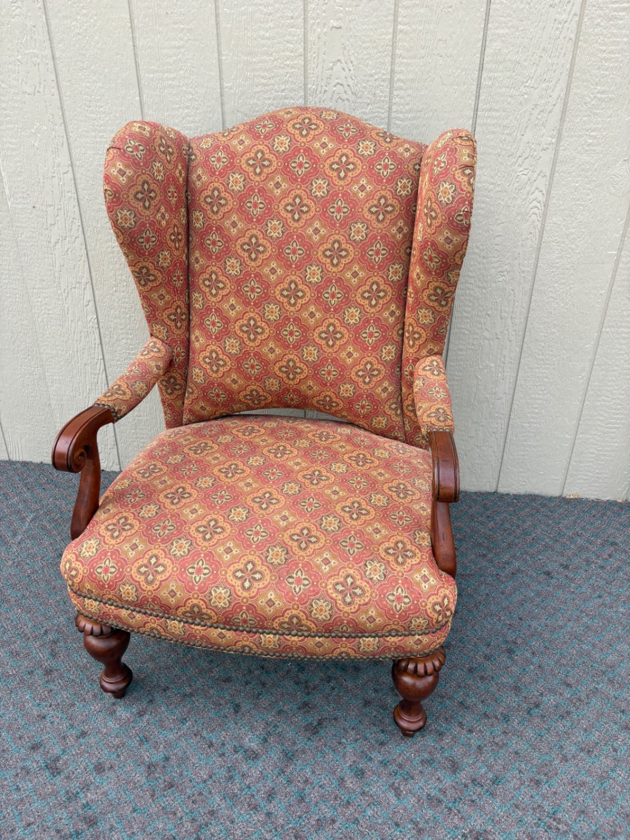 67940 Thomasville Traditional Wingback Armchair with Ornate Fabric Upholstery
