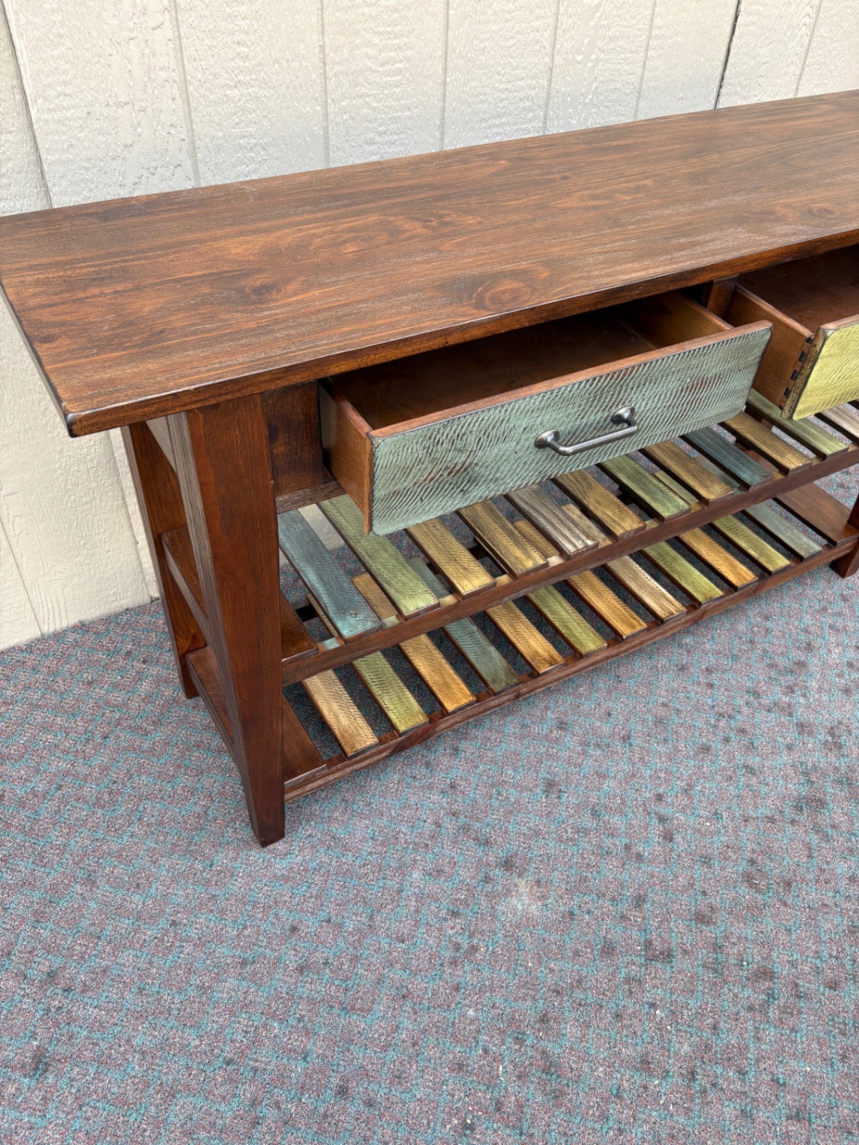 67990 Rustic Wood Console Table with Multi-Color Drawers and Shelves