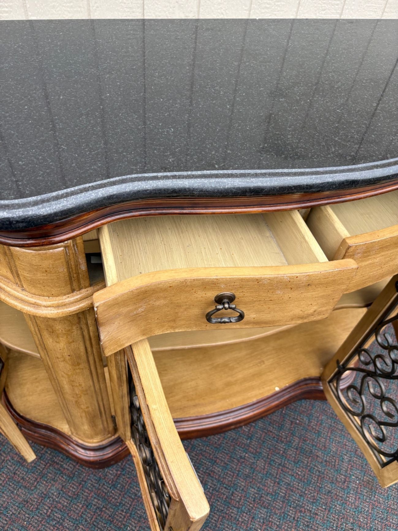 67546 Elegant Server Cabinet with Granite Top and Wrought Iron Doors