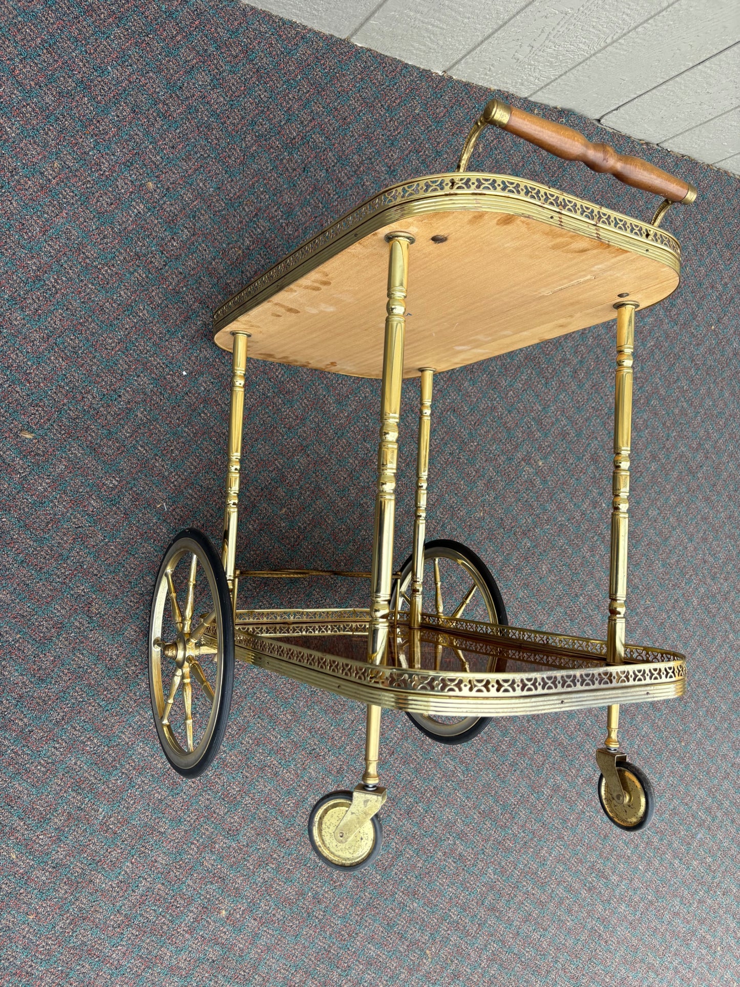 67707 Italian Mid-Century Inlaid Wood and Brass Bar Cart with Floral Motif