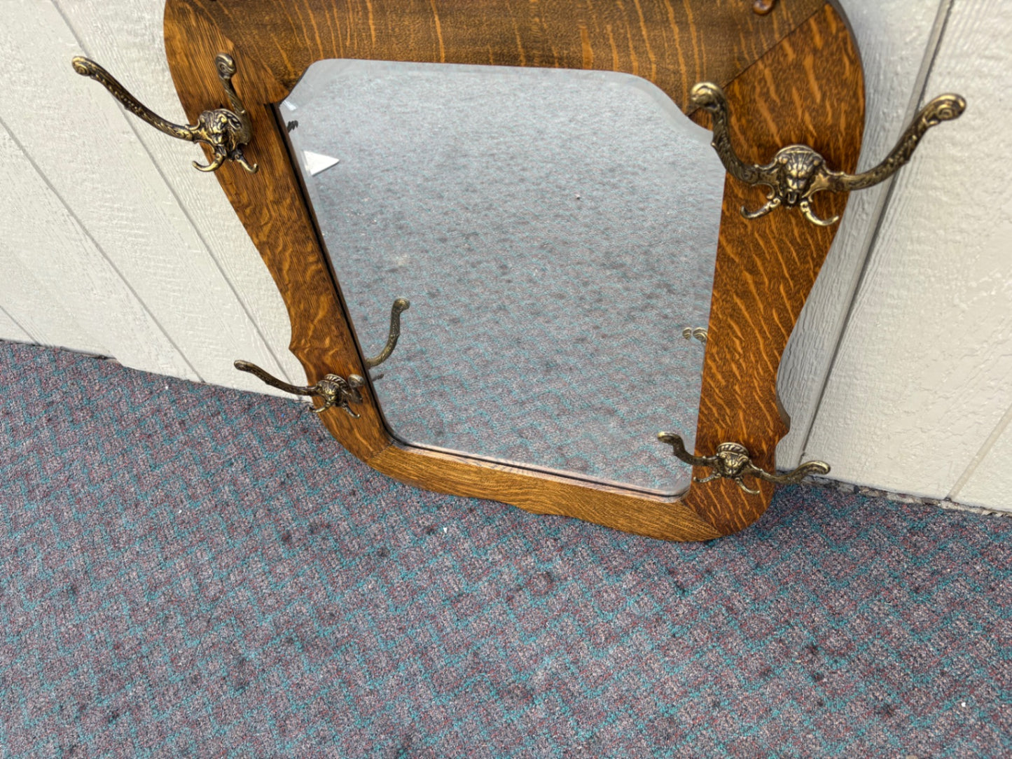 67988  Antique Victorian Oak Mirror Hat Rack with Ornate Brass Hooks