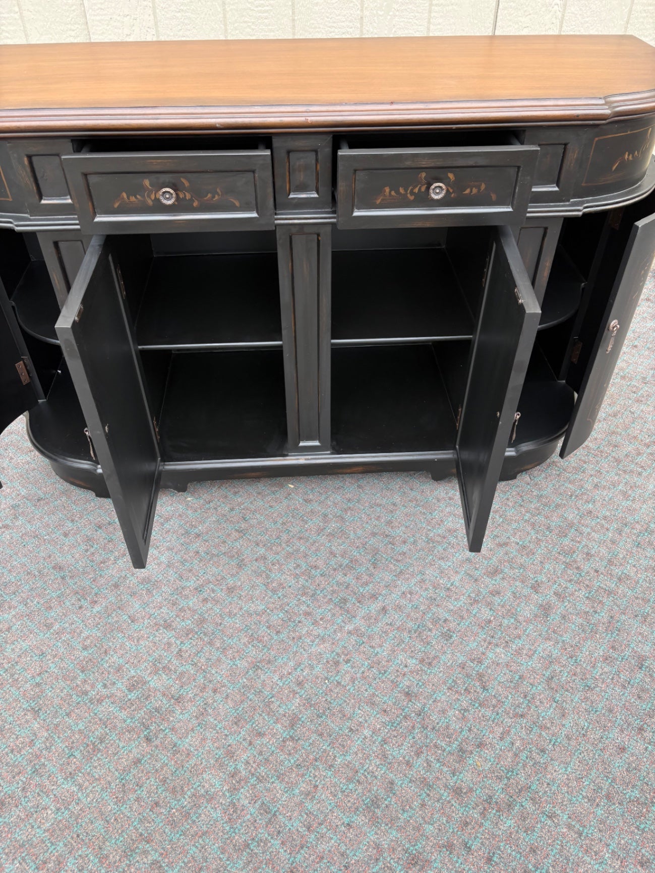 67888 Vintage Italian Style Black Buffet Sideboard with Hand-Painted Details