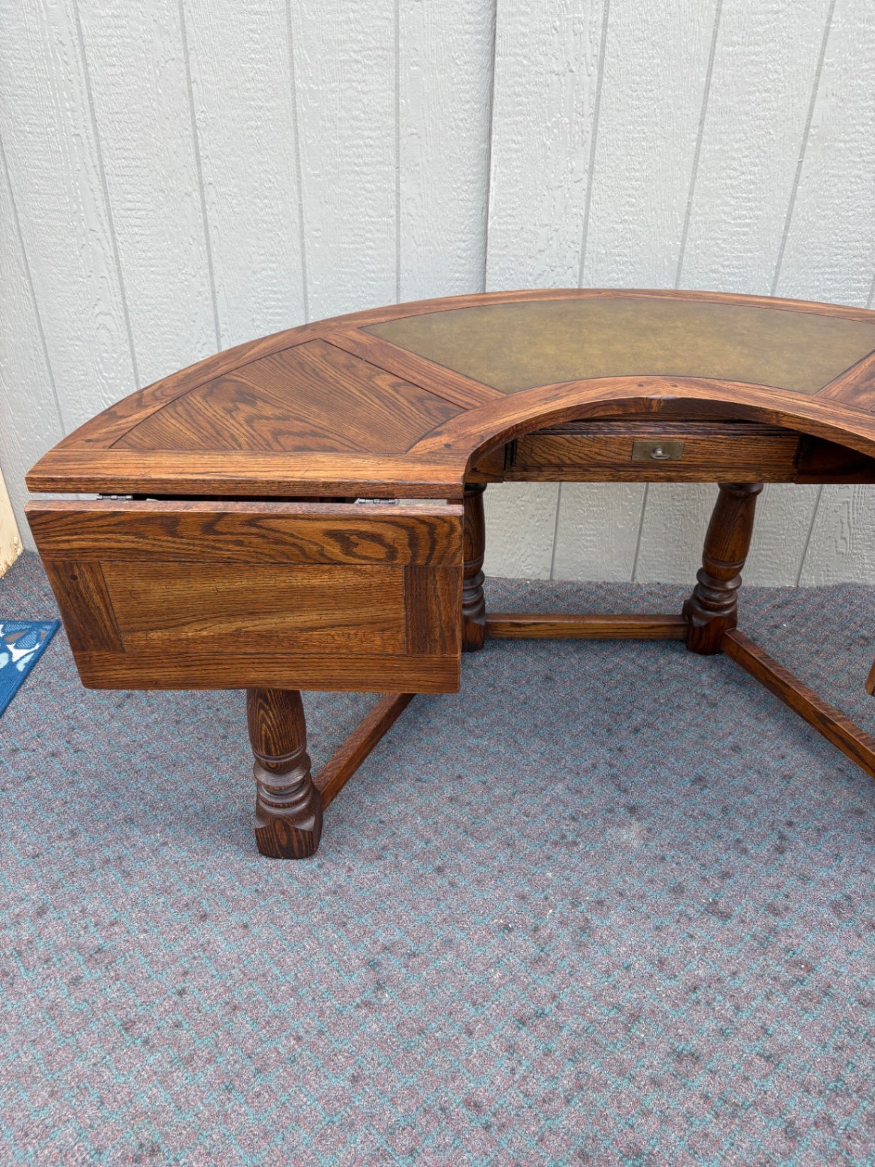 67998 Vintage Oak Kidney Desk with Plaid Upholstered Chair Set