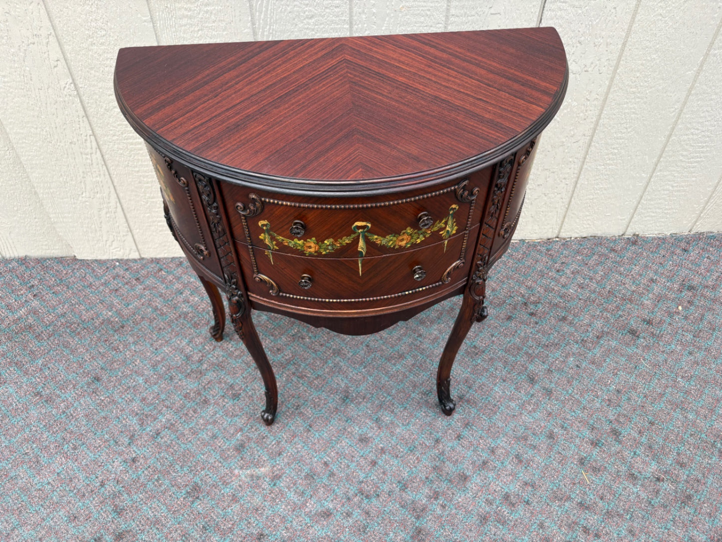 67966 Hand-Painted Demilune Chest with Floral Accents, Mahogany Finish