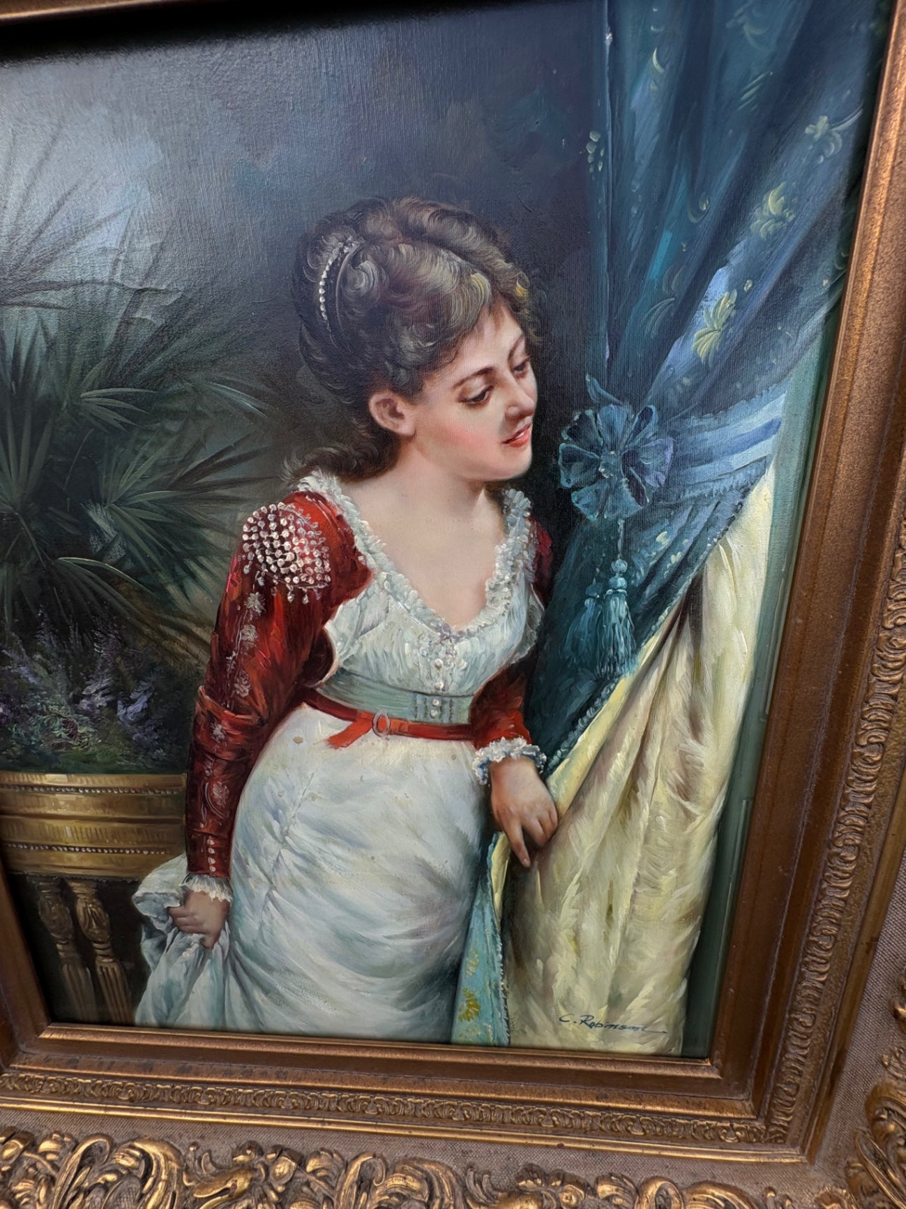 68038  Elegant Victorian Oil Painting with Ornate Gilt Frame by C. Robinson