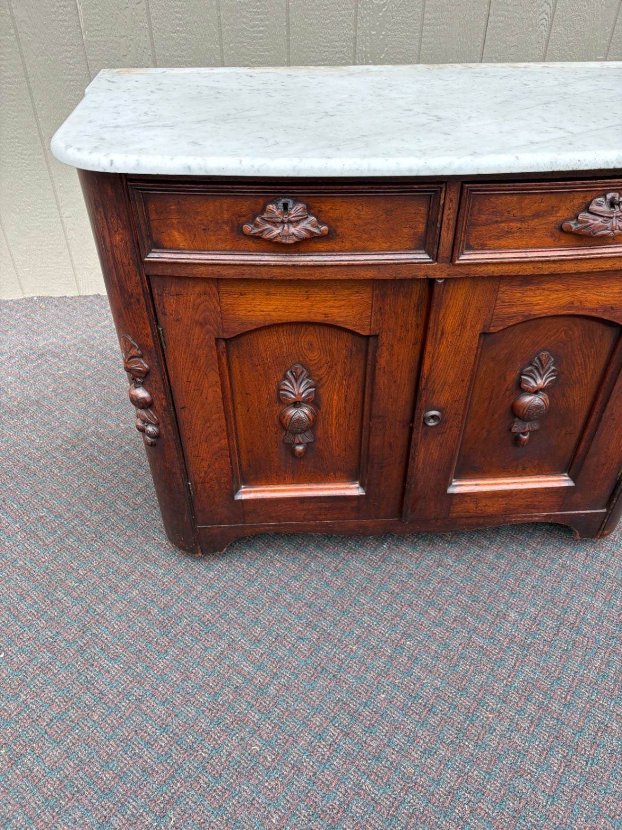 67622 Victorian Marble Top Buffet with Mirror and Ornate Carvings