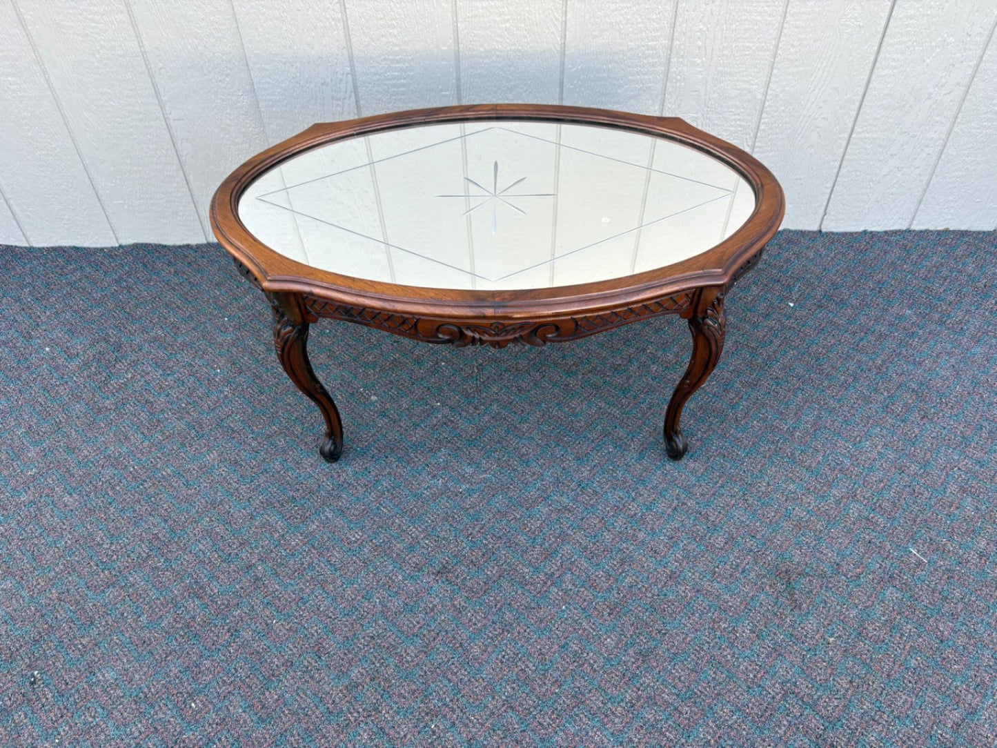 67432  Vintage French Provincial Etched Glass Coffee Table