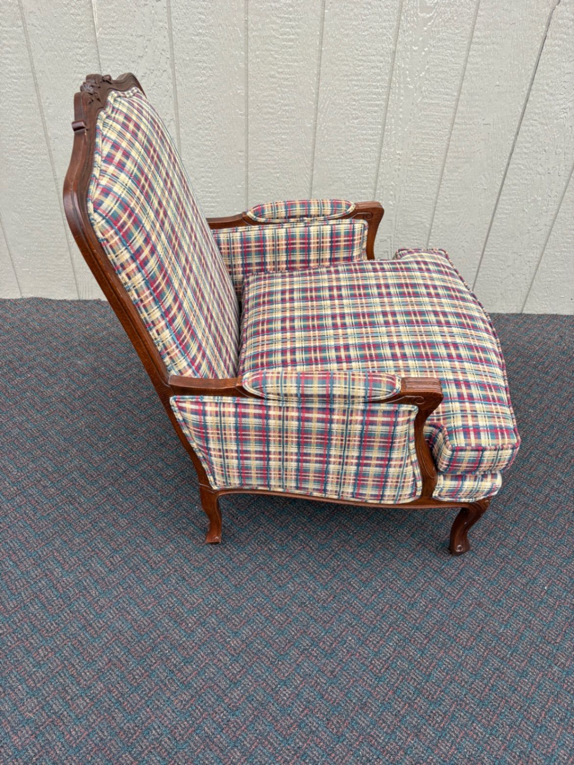 67548  Ethan Allen Louis XV Style Armchair with Plaid Upholstery