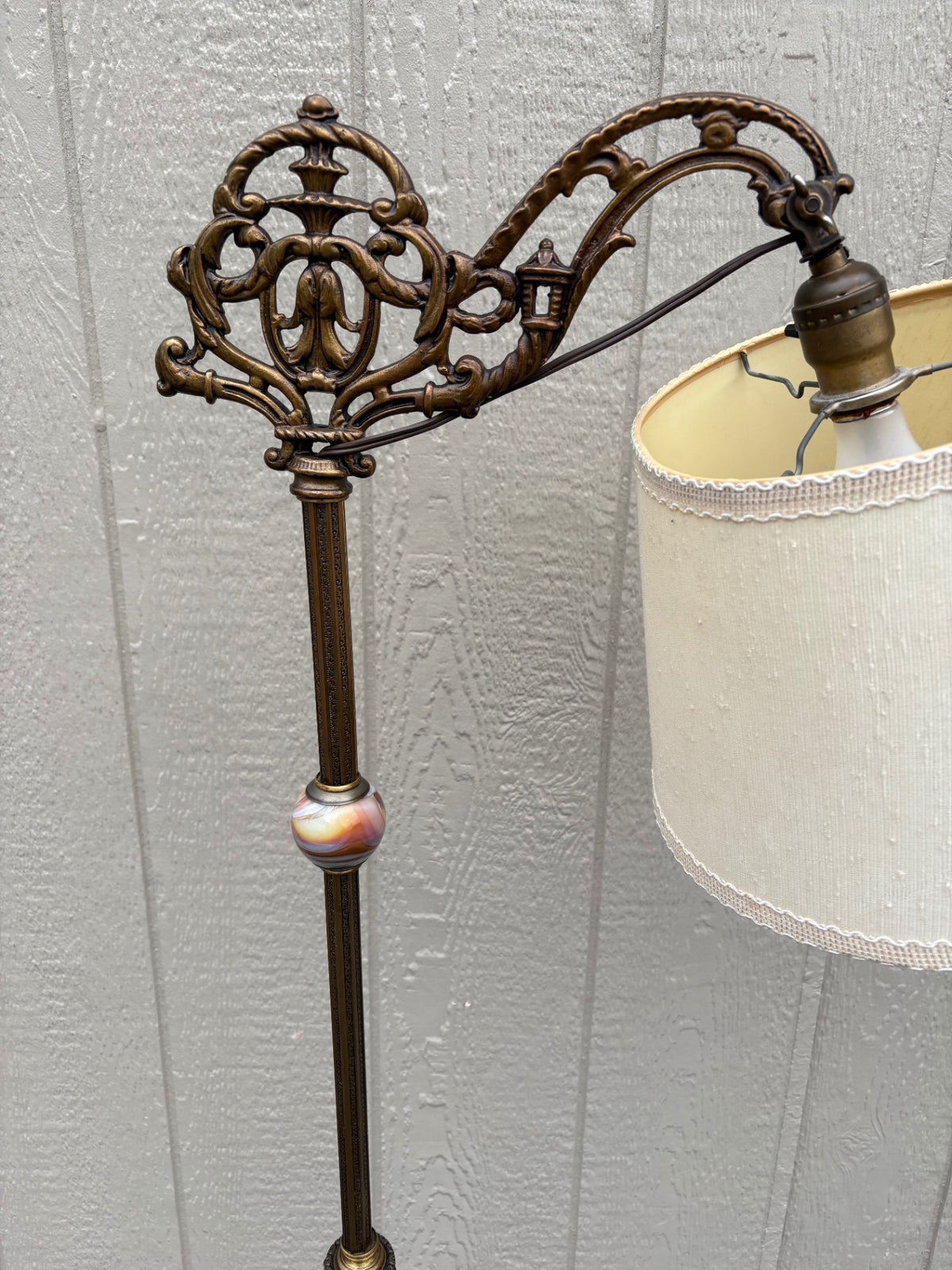 68157 Vintage Onyx and Brass Floor Lamp with Ornate Detailing