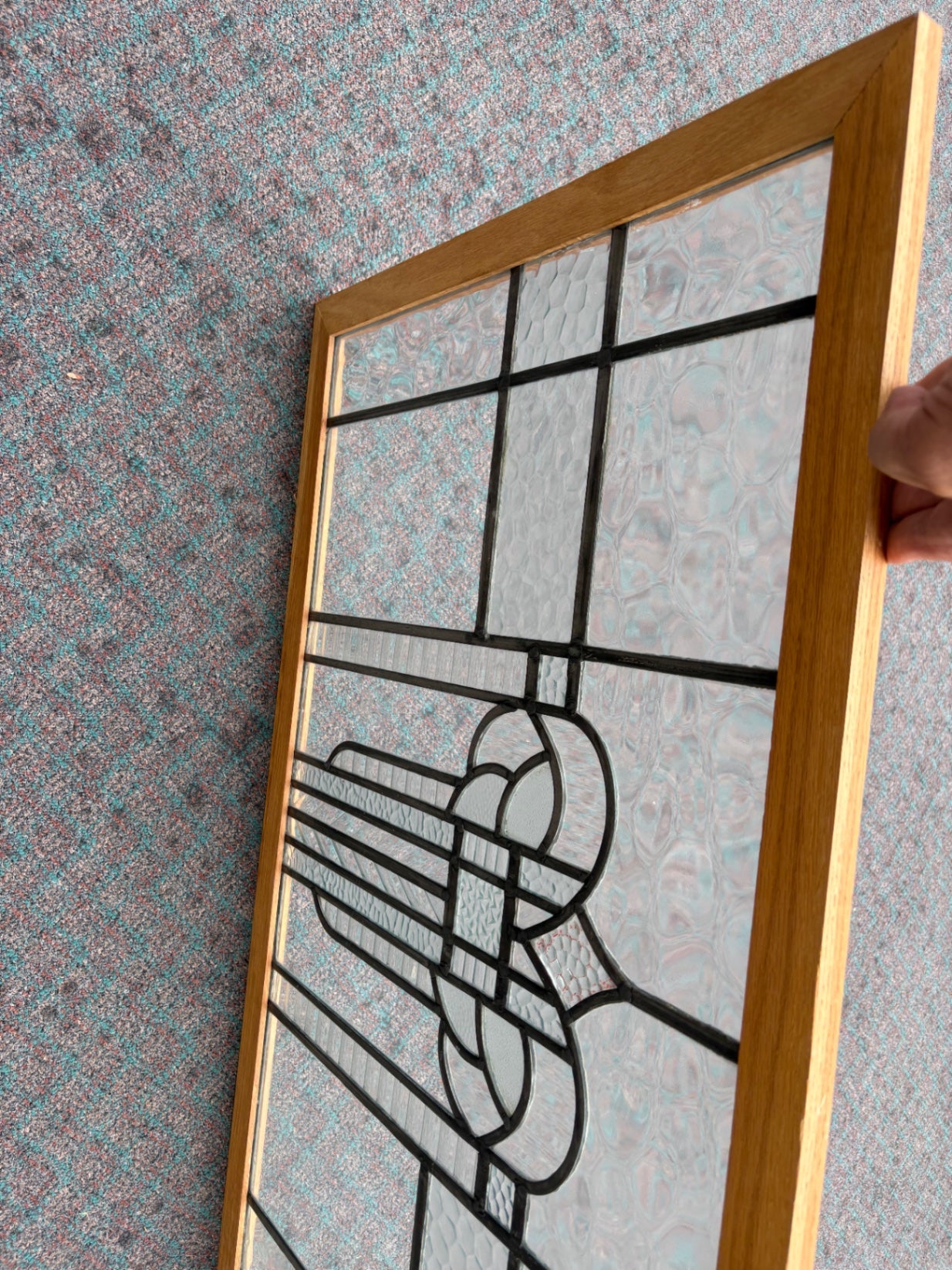 67907 Vintage Art Deco Stained Glass Window with Wood Frame