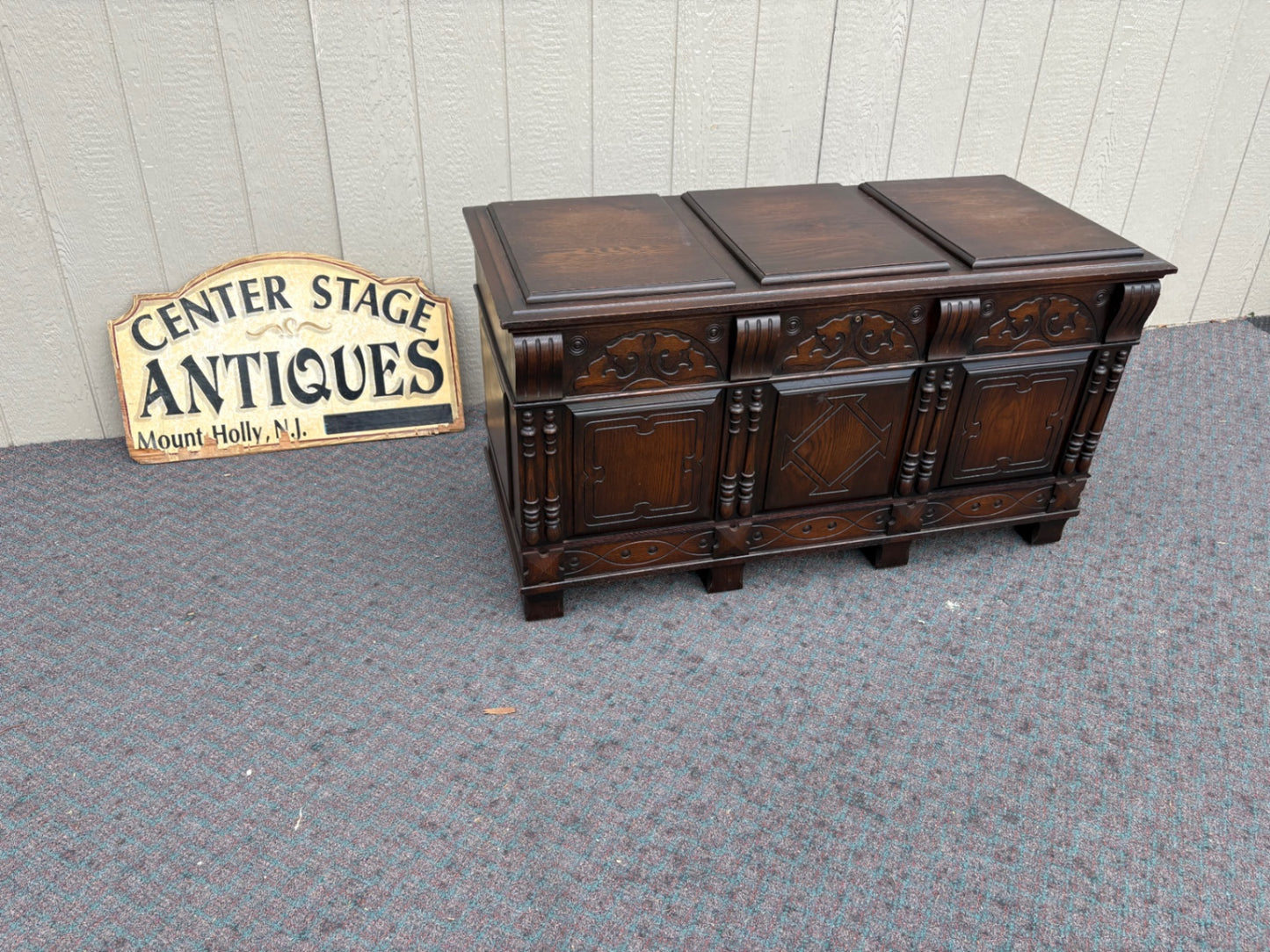 67754 Vintage Dark Oak Trunk with Carved Details and Panel Design