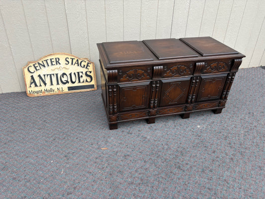 67754 Vintage Dark Oak Trunk with Carved Details and Panel Design