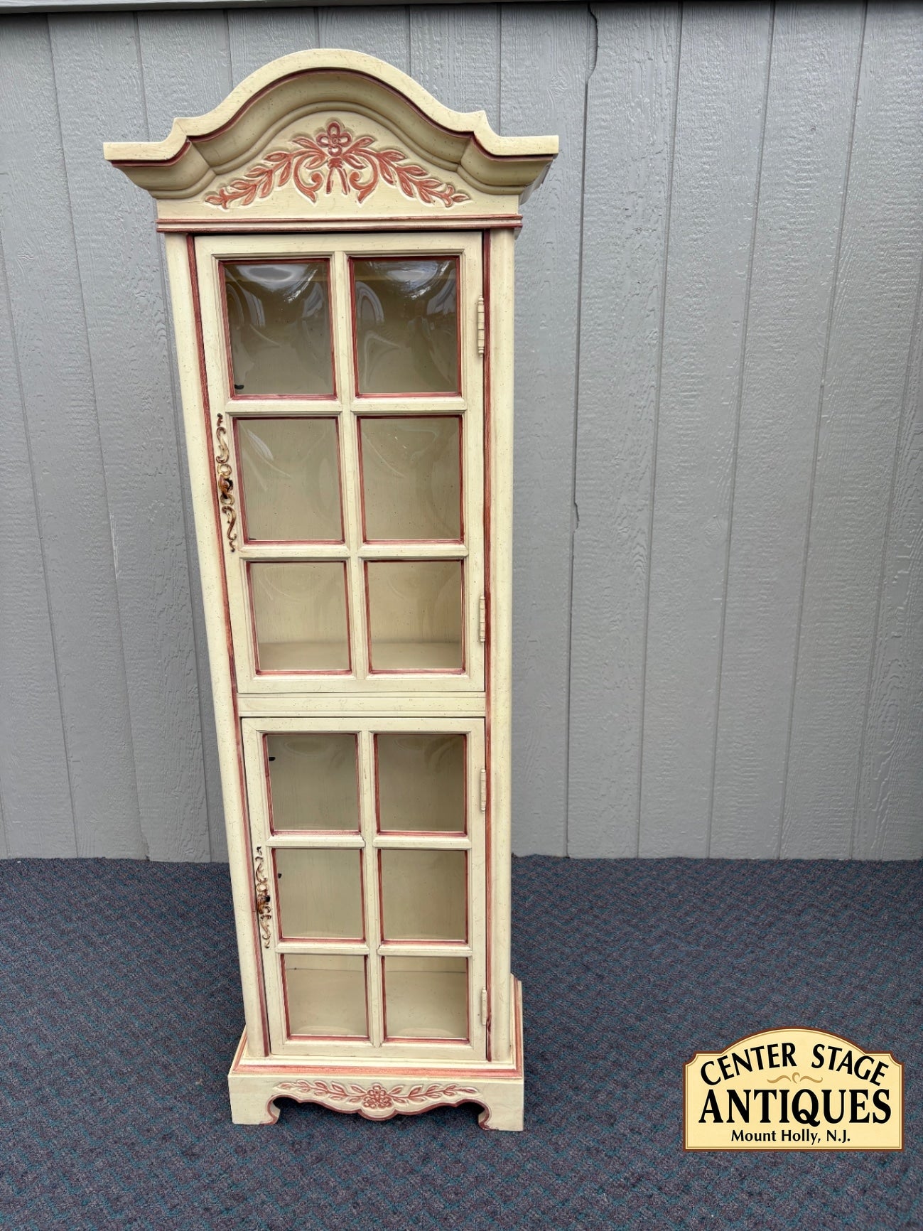 67860 Vintage French Country Curio Cabinet with Convex Glass Panels