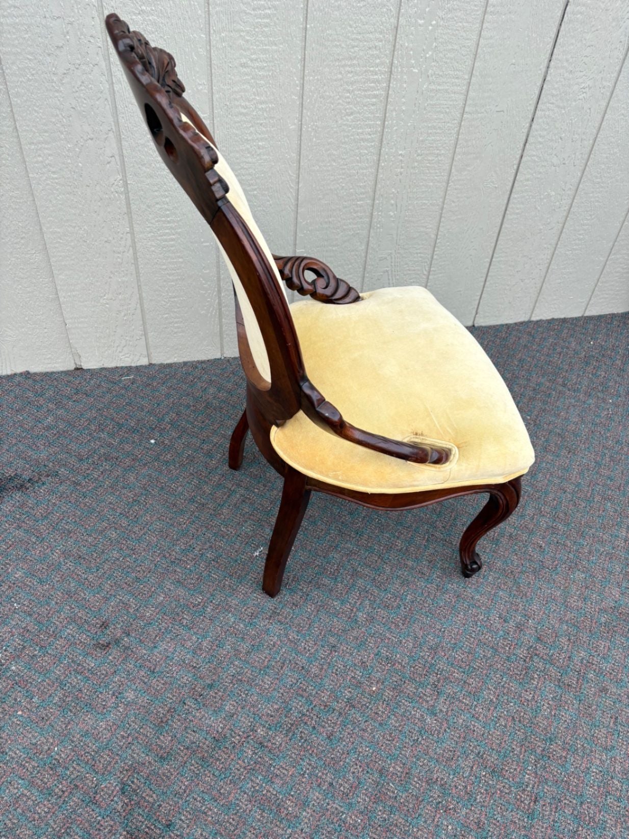 67445  Victorian Carved Mahogany Chair with Yellow Upholstery
