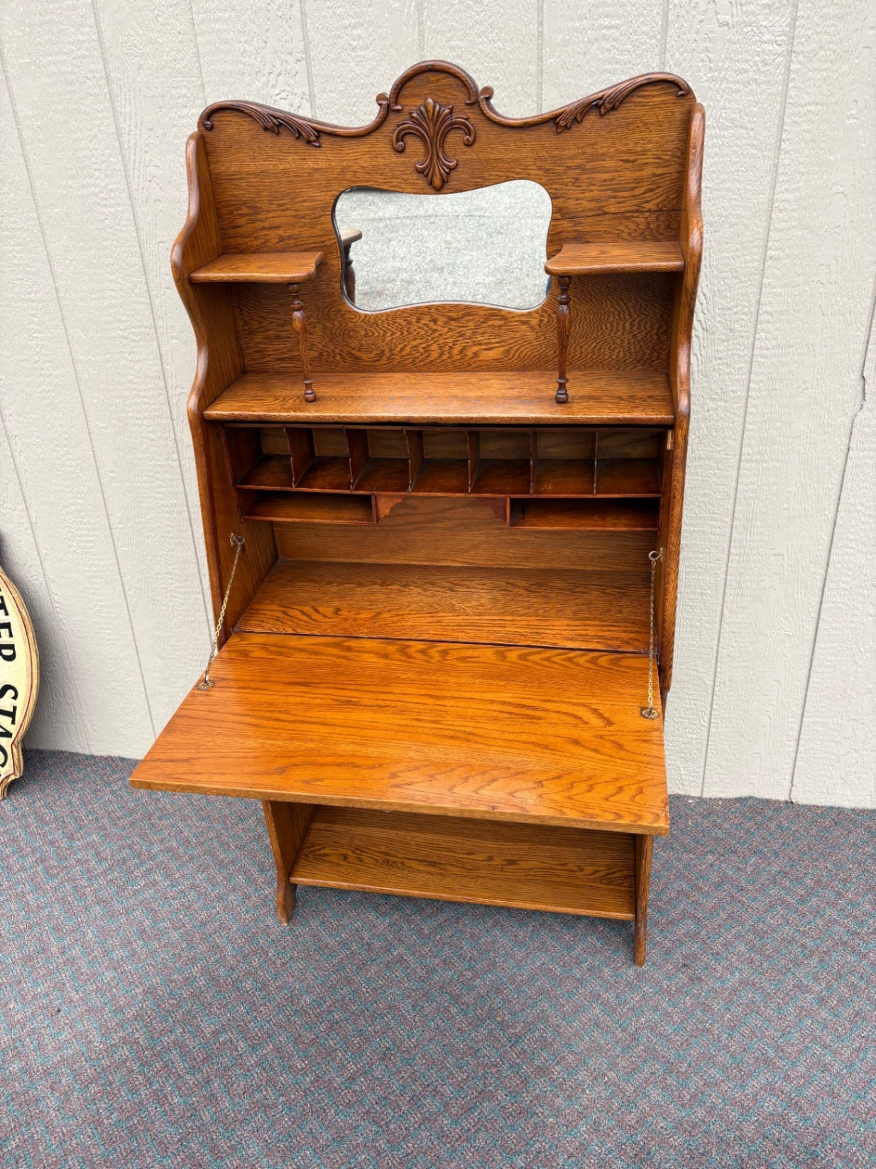 67826 Antique Oak Larkin Desk with Mirror and Shelving, Early 1900s