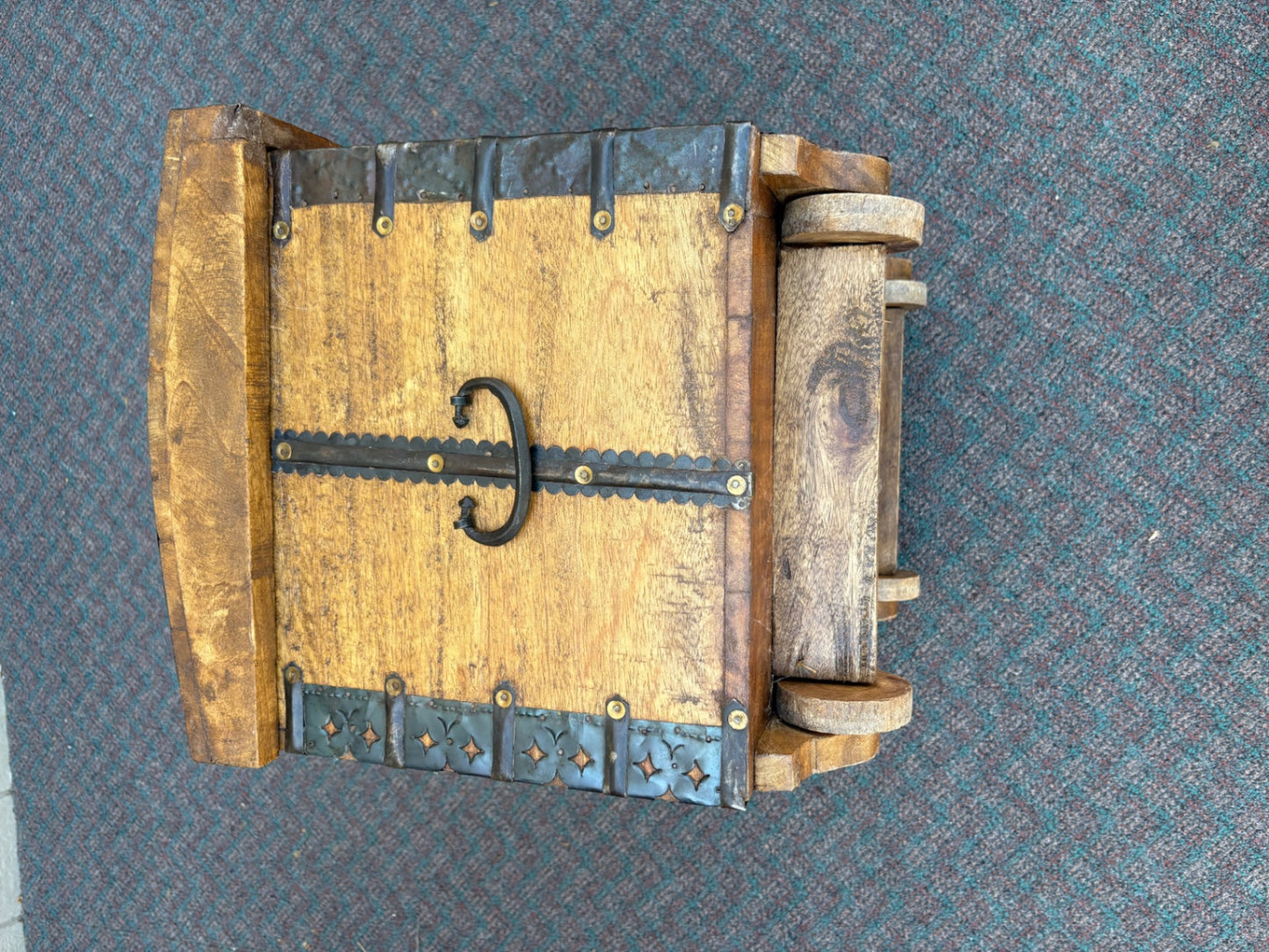 67771  Vintage PIER 1  Wooden Trunk on Wheels with Metal Accents