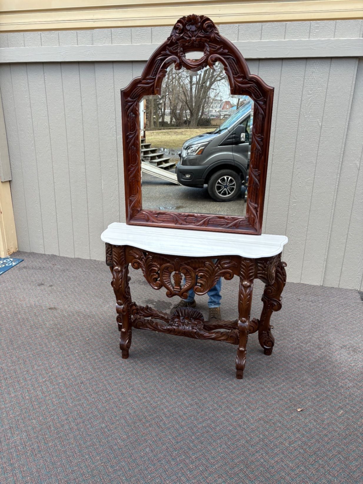 67574 Solid Mahogany  Marble Top Console Table with Ornate Mirror