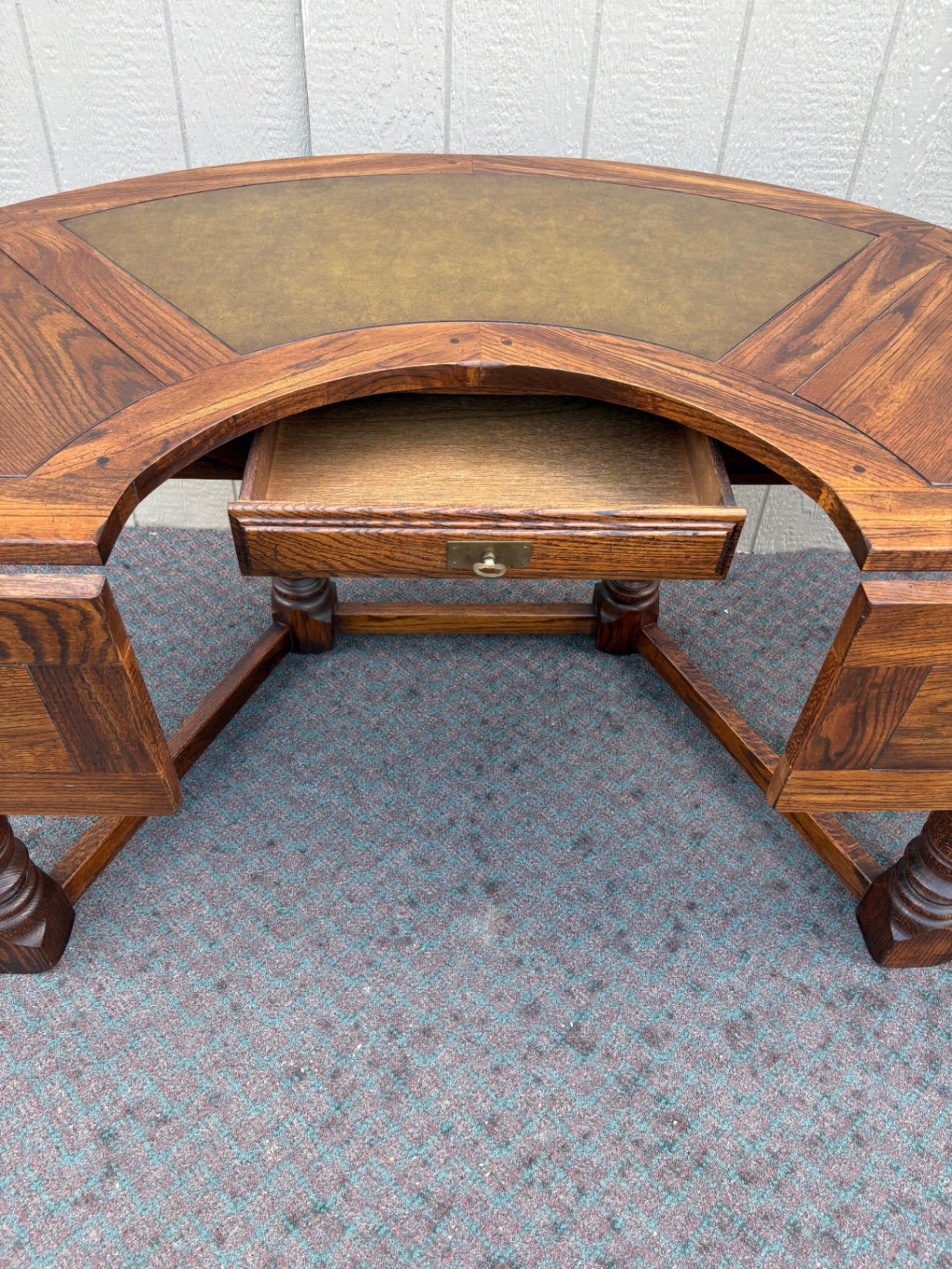 67998 Vintage Oak Kidney Desk with Plaid Upholstered Chair Set