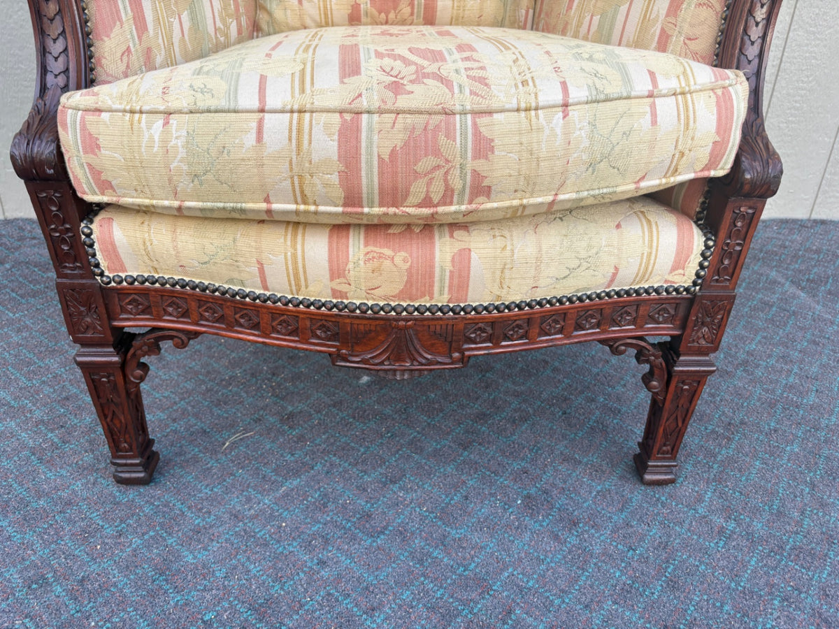 68209  1940s Carved Tufted Armchair with Floral Upholstery