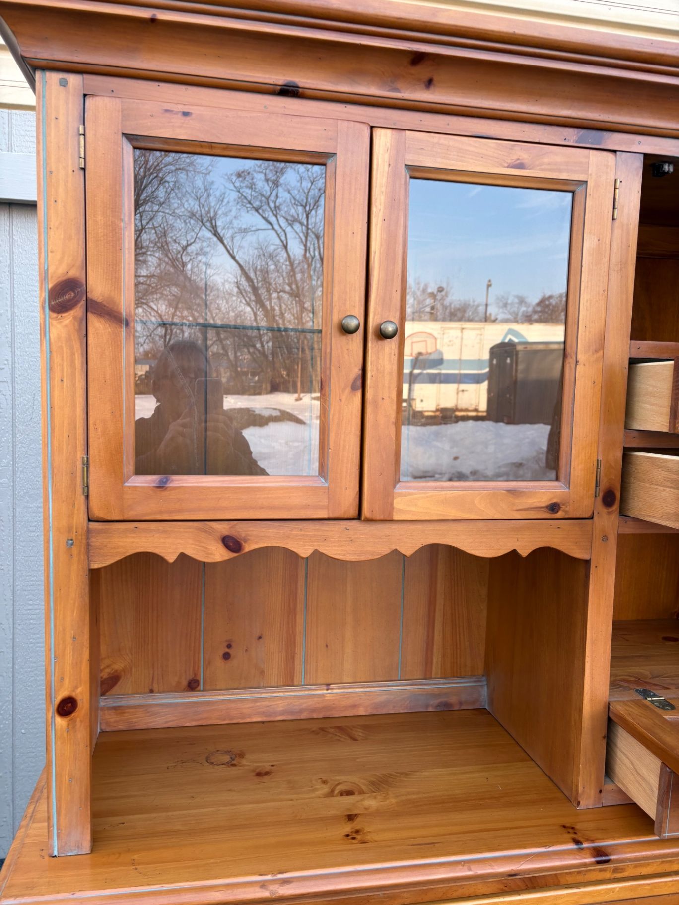 67501  Vintage Pine Two-Piece Cupboard Cabinet with Glass Doors