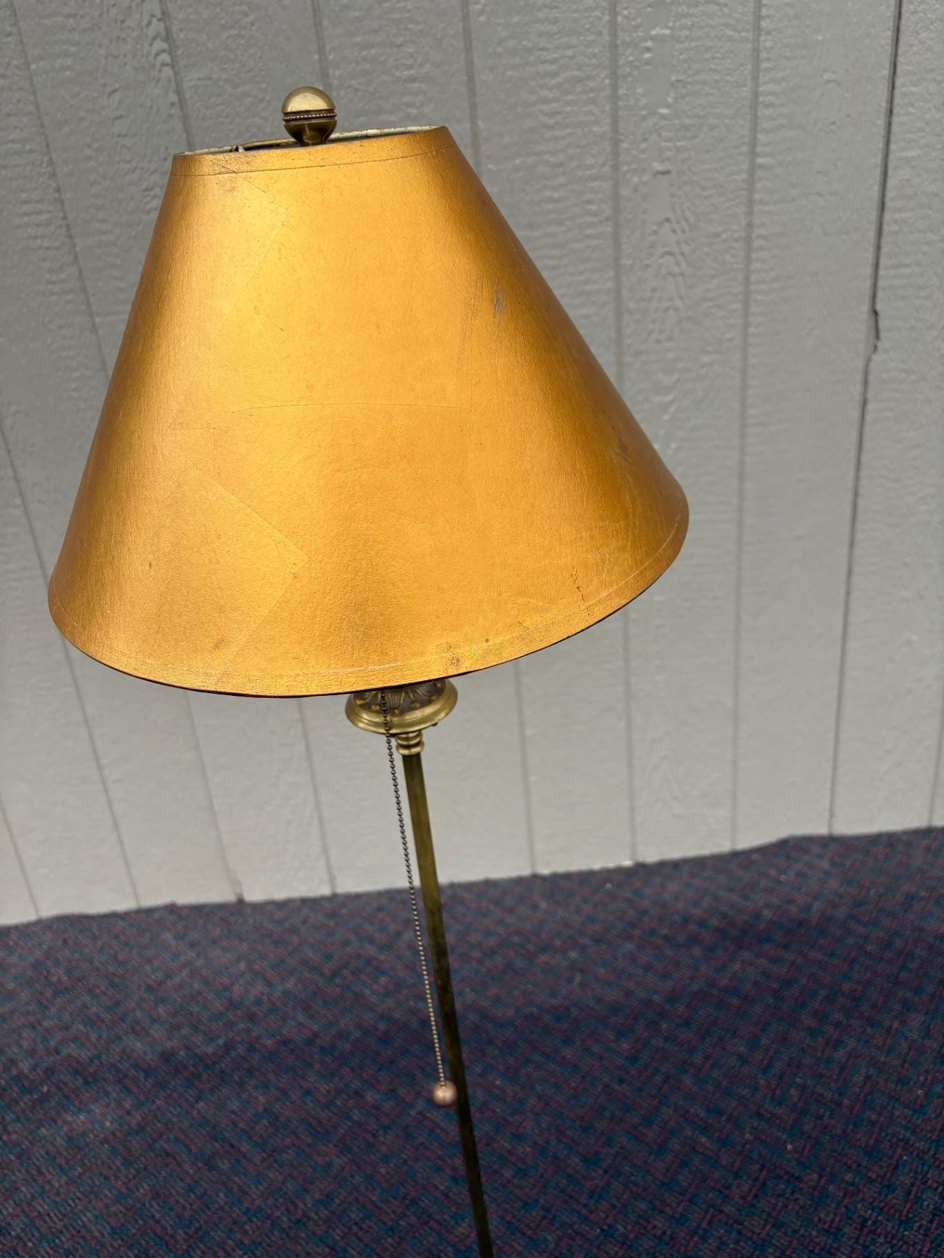 67509  Vintage Brass Floor Lamp with Gold Shade and Ornate Base