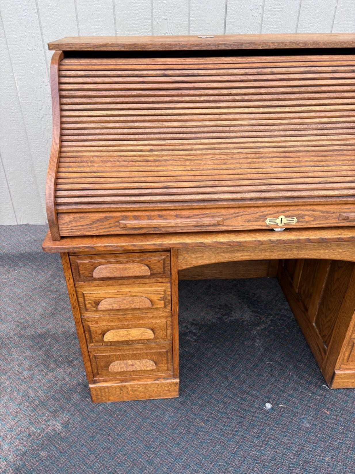 67465 Antique Oak Roll Top Desk, Early 1900s, Solid Oak
