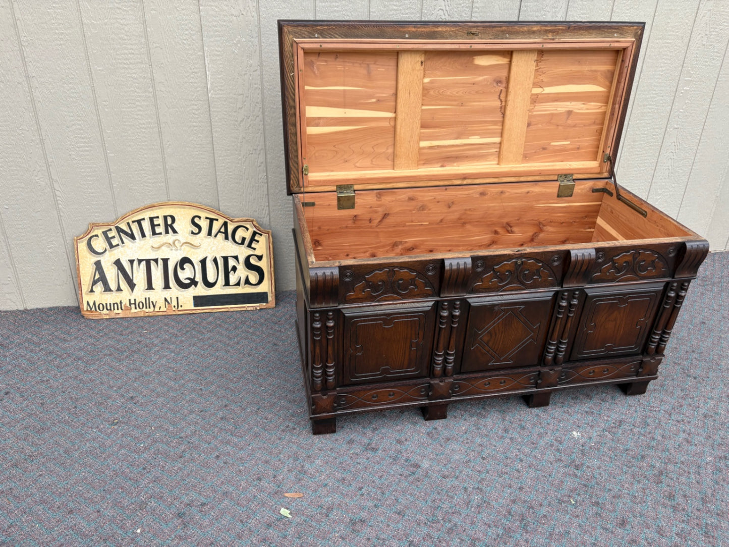 67754 Vintage Dark Oak Trunk with Carved Details and Panel Design
