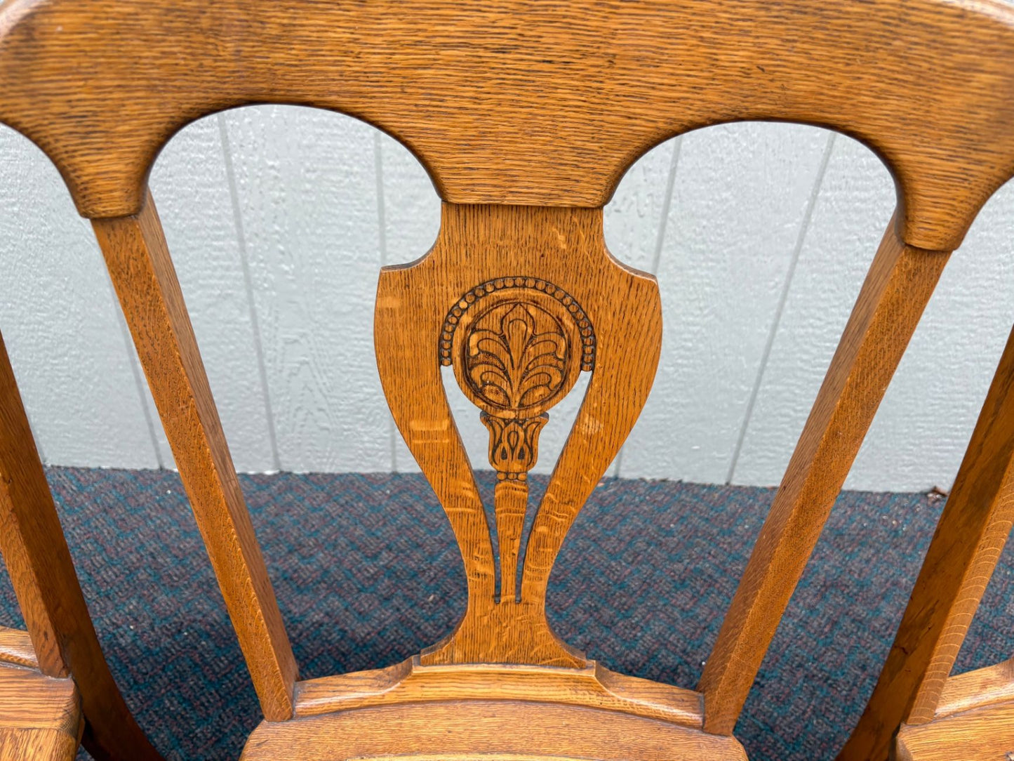 67360 Set of 6 Oak Dining Chairs, Queen Anne Style with Cane Seats