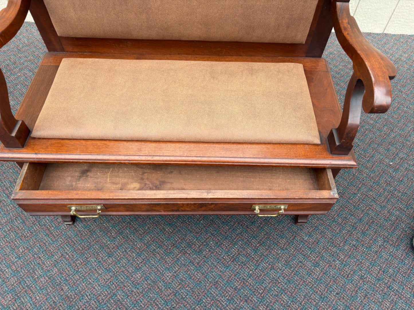 67402 Victorian Hall Seat with Mirror and Brass Hooks in Mahogany