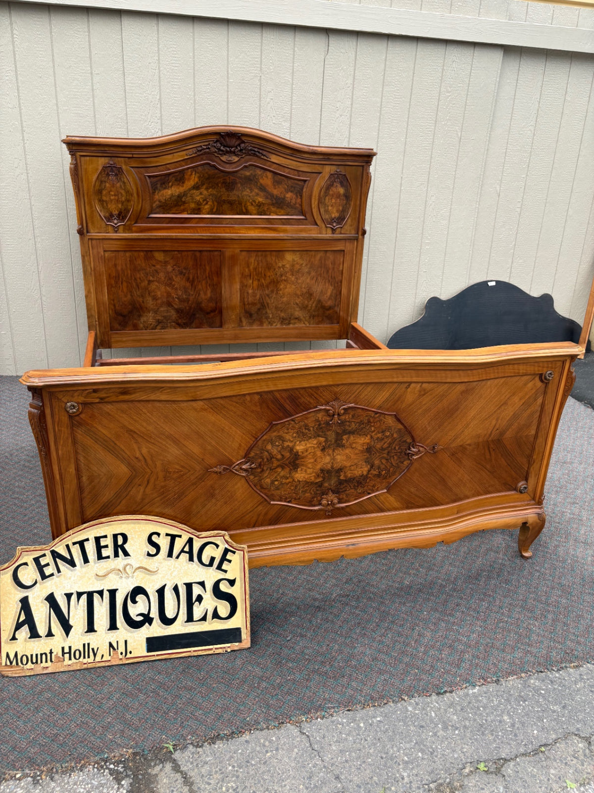 Antique French Queen Bed with Burl Walnut Panels and Carvings